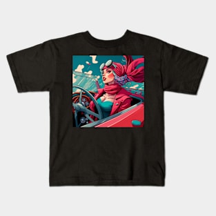 Beautiful woman driving in her convertible with her scarf blowing in the wind. Kids T-Shirt